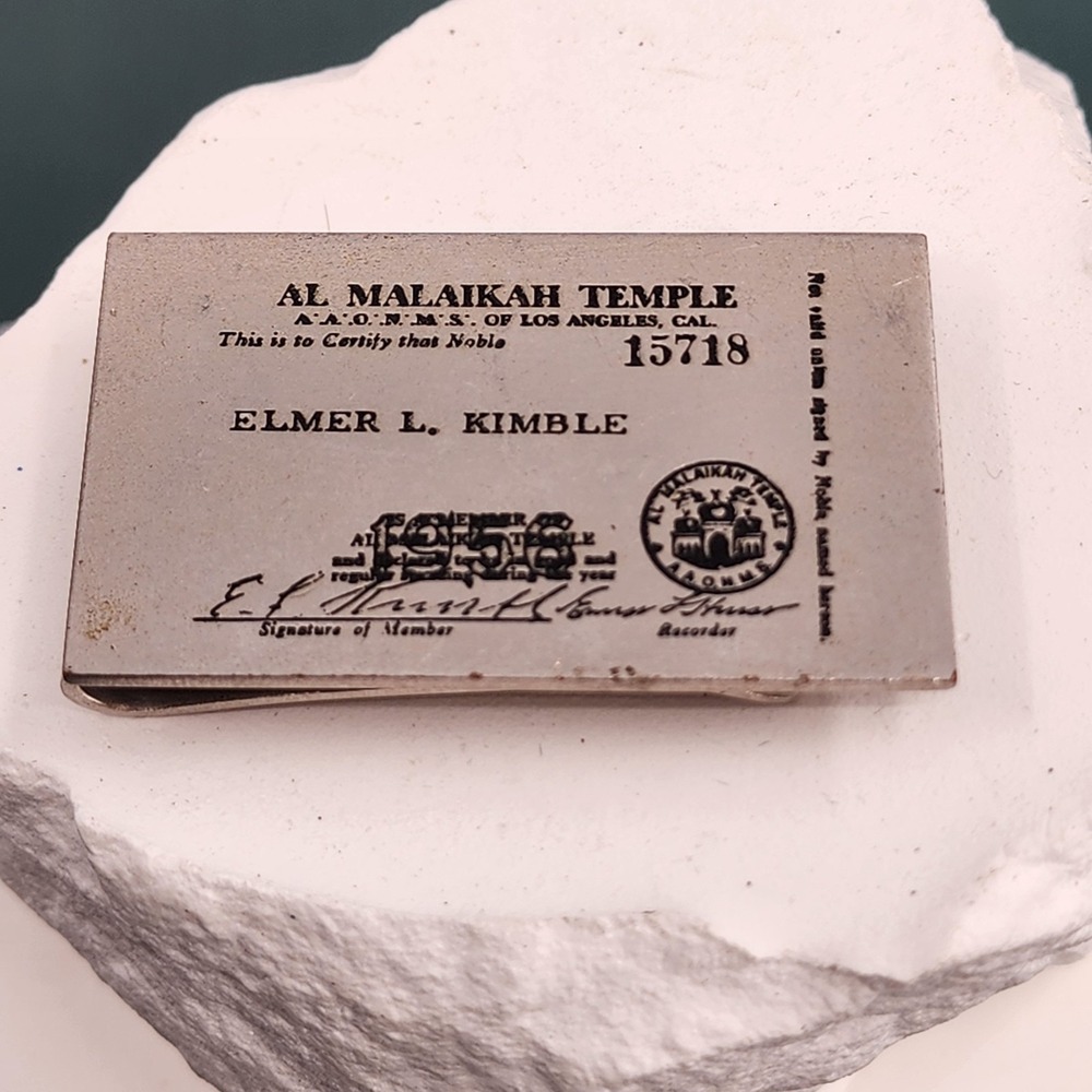 Al Malaikah Temple Shriners 1958 Elmer L Kimble Silver Tone Money Clip Vintage
